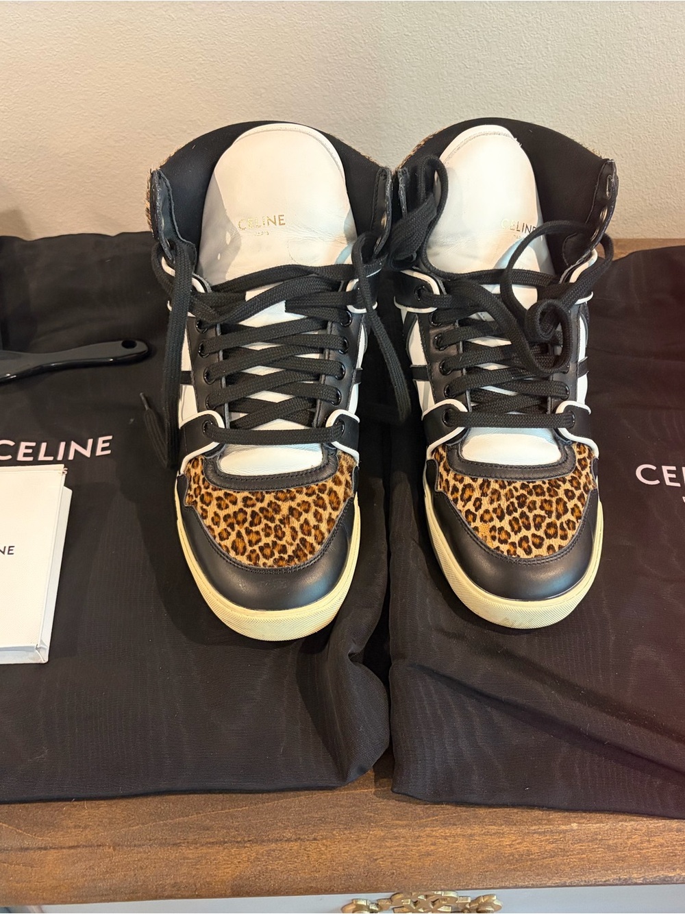 Celine Men’s Black, White & Leopard High-Top Sneakers